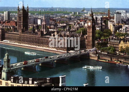 Geographie / Reisen, Großbritannien, London, Gebäude, Parlamentsgebäude mit 'Big Ben', Westminster, Westminster Bridge, Ansichtskarte, 50er Jahre, , zusätzliche-Rights-Clearences-not available Stockfoto