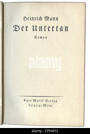 Bücher, Heinrich Mann: 'Der Untertan' ('das treue Subjekt', 1914), Roman, Kurt Wolff Verlag, Leipzig und Berlin, 1918, Titelseite, Zusatzrechte-Clearences-nicht vorhanden Stockfoto