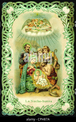 Religion, Christentum, Jesus Christus, Krippe, Heilige Familie mit dem Kleinkind Jesus in der Krippe, Lithographie, Spanien, um 1900, zusätzliche-Rechte-Clearences-nicht vorhanden Stockfoto