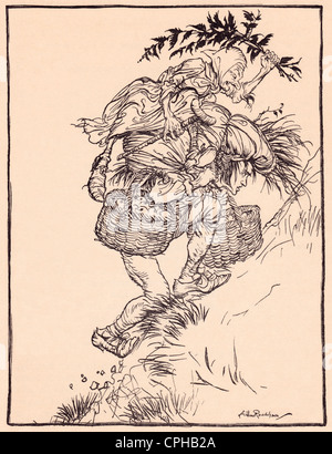 Illustration von Arthur Rackham aus Grimms Märchen, die Gänsemagd am Brunnen. Stockfoto