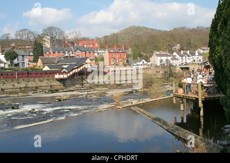 Fluß Dee Dampfeisenbahn und Castel Dinas Bran Llangollen Denbighshire Wales UK Stockfoto