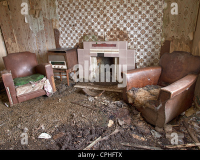 Wohnzimmer der verlassenen Croft House, Isle of Harris, Schottland Stockfoto