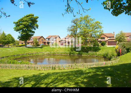 Kleine Ente Teich auf neue Wohnsiedlung, Kirkham, Lancashire, Großbritannien Stockfoto