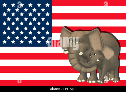 Abbildung eines Elefanten Mutter mit einem Baby vor der Flagge der Vereinigten Staaten von Amerika Stockfoto