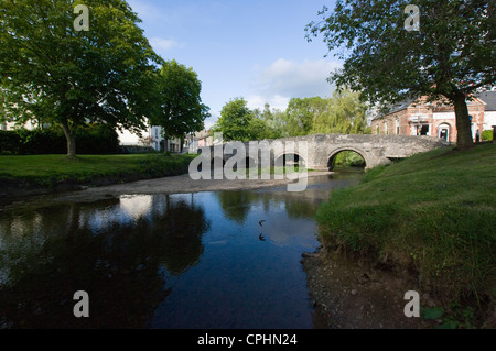 Die steinerne Brücke und Stadt von Clun, mit Schwalben Fütterung niedrig über dem Fluß Clun an der englischen Grenze Stockfoto