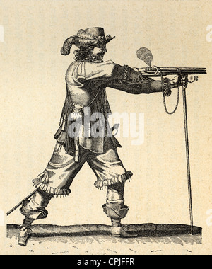 Armee des 18. Jahrhunderts. Frankreich. Musketier von der Infanterie Ludwigs XIV. die Muskete abfeuern. Gravur. Stockfoto