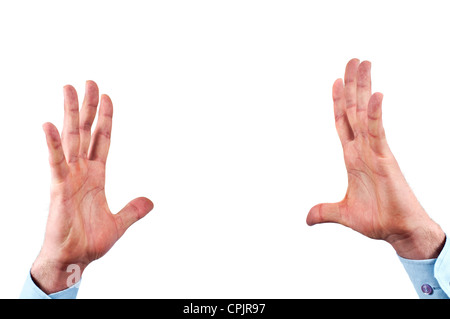 Hände des Mannes, halten oder Unterstützung etwas Unsichtbares isoliert auf weißem Hintergrund, ein Ort, um in Text, Bild oder Objekt Stockfoto