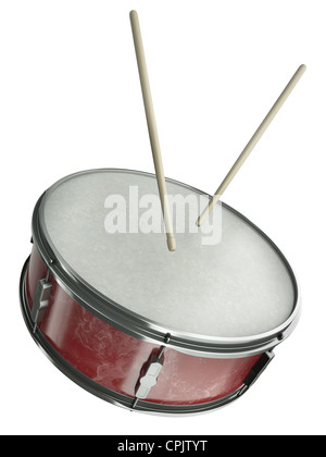 Snare-Drum und Drumsticks isoliert auf weißem Hintergrund. 3D render Stockfoto