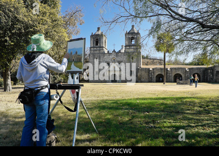 Künstler malen Mission Concepción, San Antonio, Texas Stockfoto