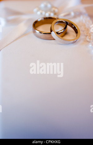 Zwei Trauringe, warten auf Besitzer, übereinander auf einem Stoff bedeckt Hochzeit Buch gezeigt Stockfoto