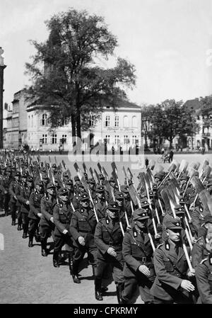 Mitglieder des Reich-Arbeitsdienst [Reichsarbeitsdienst, RAD] marschieren, 1936 Stockfoto