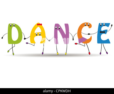 Wort-Tanz mit bunten und lustigen Buchstaben Stockfoto