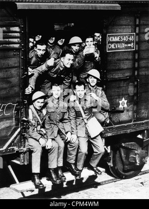 Jüdische und arabische Soldaten aus Palästina dienen in der britischen Armee, sitzt in einem Eisenbahnwagen, Frankreich, Frühling 1940 (s/w Stockfoto