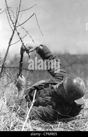 Schnitt durch einen Stacheldrahtzaun 1941 Soldat Stockfoto