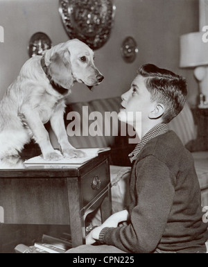 Spelling Bee Teilnehmer bekommt Hilfe von seinem Hund Stockfoto