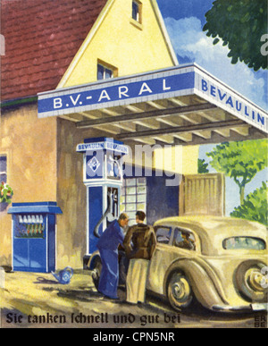 Transport / Transport, Auto, Tankstelle, B.V.-Aral, Werbepostkarte, Deutschland, um 1936, Zusatzrechte-Abfertigung-nicht vorhanden Stockfoto