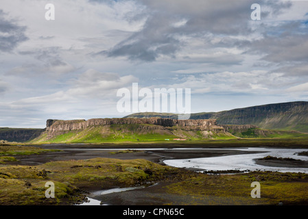 Island, Bach durch Lavafeld, Basaltfelsen in der Ferne Stockfoto