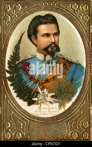 Ludwig II., 25.8.1845 - 13.6.1886, König von Bayern 10.3.1864 - 13.6.1886, Porträt, dekoriert mit echtem Edelweiß und Farn, Prägekarte, Bayern, lithograph, Deutschland, ca. 1900, Stockfoto