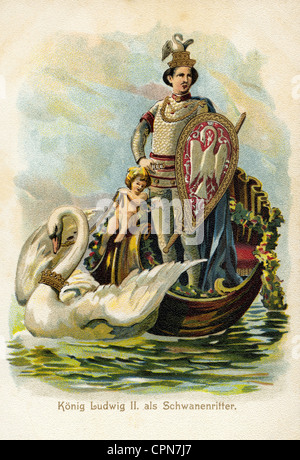 Ludwig II., 25.8.1845 - 13.6.1886, König von Bayern 10.3.1864 - 13.6.1886, volle Länge, im Gewand eines Ritters des Schwanengras, Oper von Richard Wagner, Postkarte, Bayern, Deutschland, ca. 1899, Stockfoto