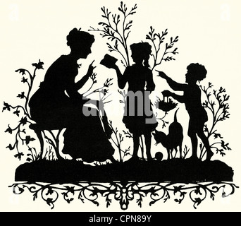 Kitsch/Karten/Souvenir, Silhouette, Mutter bekommt Geschenke von ihren Kindern, Schrott-Bild, Deutschland, 1887, Additional-Rights-Clearences-not available Stockfoto
