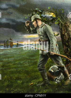 Erster Weltkrieg / 1. Weltkrieg, deutscher Wachsoldat, nachts, Gewehr mit festem Bajonett, Deutschland, 1916, Zusatzrechte-Freimachungen-nicht vorhanden Stockfoto