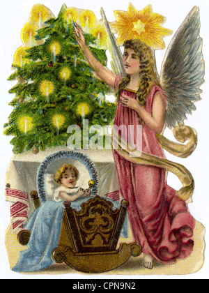 Weihnachten, das Jesuskind in der Wiege mit Weihnachtsengel, Schrottbild, Lithographie, Deutschland, um 1898, Zusatz-Rechteklärung-nicht vorhanden Stockfoto