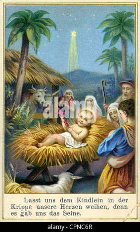 Religion, Christentum, Jesus Christus, das Jesuskind, das auf Stroh in der Krippe liegt, Gebetsanmerkung, Lithographie, Deutschland, 1892, Zusatzrechte-Clearences-nicht vorhanden Stockfoto