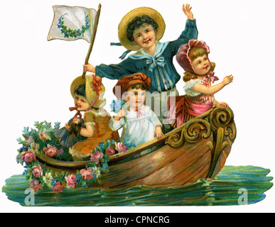 Kitsch / Souvenir, Kinder im Boot mit Blumen, Schrottbild, Deutschland, 1893, Zusatz-Rights-Clearences-not available Stockfoto