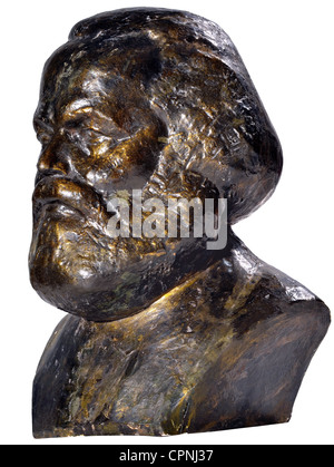 Marx, Karl, 5.5.186 - 14.3.1883, deutscher Philosoph, Porträt, Gipsbüste, bronzefarben gemalt, auf dem umgekehrten Etikett: Anlässlich des 700-jährigen Bestehens der Stadt Lützen, das vom Kreisausschuss der SED Weissenfels, Ostdeutschland, 1969 vorgestellt wurde, Stockfoto