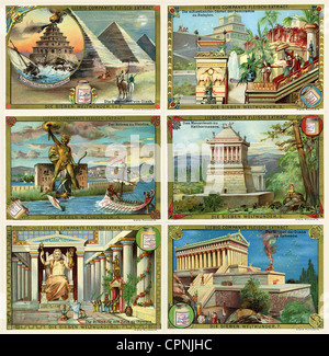 Antike Welt, die 7 Weltwunder, der Leuchtturm von Pharos von Alexandria, die große Pyramide von Gizeh, die hängenden Gärten von Semiramis von Babylon, der Koloss von Rhodos, das Mausoleum von Halikarnassus, die Statue von Zeus in Olympia, Statue von Zeus von den Phidias, Der Artemistempel in Ephesus, Handelskarte, Deutschland, um 1895, zusätzliche-Rechte-Clearenzen-nicht vorhanden Stockfoto