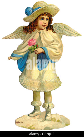 Kitsch/Karten/Souvenir, kleiner Engel in Winterkleidung, Altbild, Lithographie, Deutschland, um 1890, Zusatz-Rechteklärung-nicht vorhanden Stockfoto