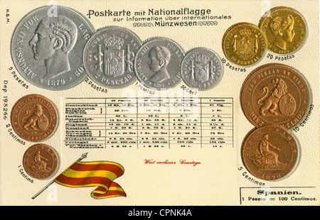 Geld / Finanzen, Münzen, Deutschland, Spanien, um 1899, Spanische Münzen, Centimos und Peseta, Postkarte aus der Serie internationale Prägung, Prägung, von 1 Centimo bis zu 20 Peseta, König Alfonso XII, König Alfonso XIII, 1 Peseta = 100 Centimos, Kupfer, Silbermünzen, Goldmünze, 1870, 1879, 1891, 1899, Preismünzen, Wechselkurs, Umrechnungstabelle, Umrechnungstabellen, Spanisch, Wirtschaft, Wirtschaftsgeschichte, Postkarte, Geldkarten, Geldschein, Münzen, Münzen, Münzen, Münzen, Münzen des 19. Jahrhunderts, Münzen, Münzen, Münzen, Münzen, Münzen, Münzen, Münzen, Münzen, Münzen, Münzen, Münzen, Münzen, Münzen, Münzen, Münzen, Münzen, Münzen, Münzen, Münzen, Münzen, Münzen, Münzen, Münzen, Münzen Stockfoto