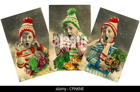 Mode, Kindermode, Junge mit Wollhut im Schnee, Serie von drei Postkarten, Deutschland, um 1927, Zusatz-Rechteklärung-nicht erhältlich Stockfoto