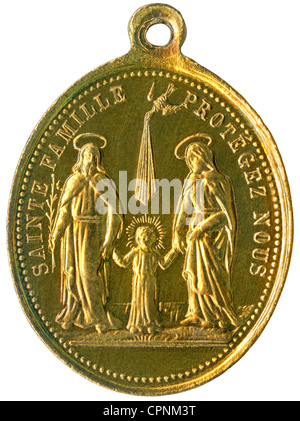 Religion, Christentum, heilige Familie schützen uns, 'Sainte Famille Protegez Nous', religiöse Medaille, Joseph, Maria und Jesus, Frankreich, um 1900, zusätzliche-Rechte-Clearences-nicht verfügbar Stockfoto