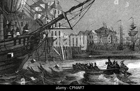 Boston Tea Party (16. Dezember 1773). Gruppe von Kolonisten Tee des Schiffes von der Ostindien-Kompanie zu zerstören. Stockfoto