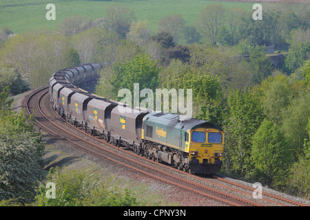 Freightliner 66506 Hauptstrecke Diesel locomotive Zug in der Nähe von Low Baron Holz Bauernhof Armathwaite Eden Valley, Cumbria, England, UK Stockfoto