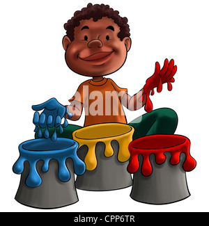 Comic-Illustration des schwarzen Jungen spielen mit bunten Farbtöpfe. isoliert auf weißem Hintergrund. Stockfoto