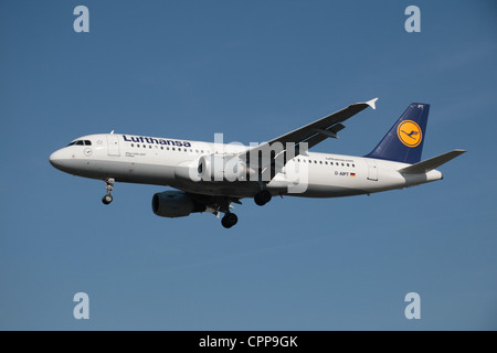 Der Lufthansa Airbus A320-211 (D-AIPT) über den Boden am Flughafen Heathrow, London, UK. Feb 2012 Stockfoto