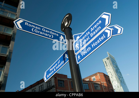 Ein Fußgänger gerichtete Straßenschild in Castlefield befindet sich im Stadtzentrum von Manchester. Stockfoto