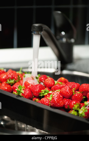 Erdbeeren gewaschen in einer Küchenspüle Stockfoto