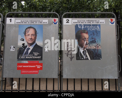 2012-Kampagne Plakate für Francois Hollande und Nicolas Sarkozy, Paris, Frankreich, 9. Mai 2012, © Katharine Andriotis Stockfoto
