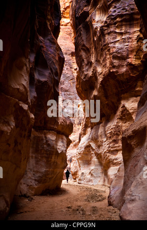 Einsame Touristen in (Al-Siq) The Siq, Wadi Musa, Petra, Jordanien, Westasien Stockfoto