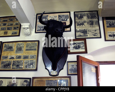 Spanien Andalusien Solucar traditionelle Bar Stierkopf und Stierkampf Bilder Dekoration Stockfoto