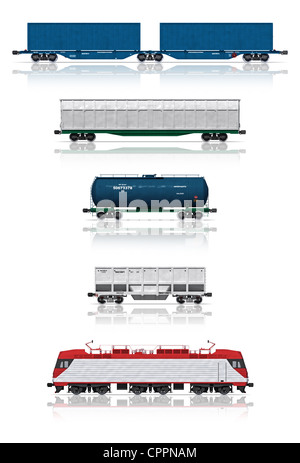 3D Render-Illustration isoliert auf weiss: Satz von modernen Eisenbahn-Güterwagen mit e-Lok Stockfoto