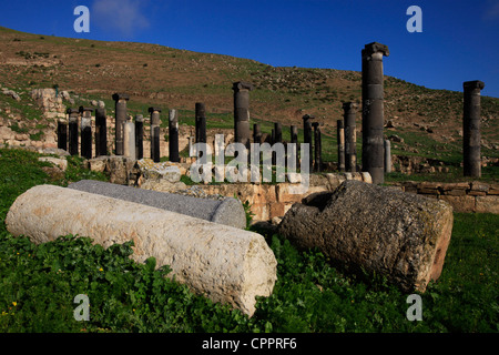 Megalith Spalten in Umm al-Amad (die Mutter von Spalten) in der archäologischen Stätte von Abila Dekapoleos in der Dekapolis war eine alte römische Stadt und Christian bischöflichen sehen nordöstlich von Irbid, Jordanien. Stockfoto