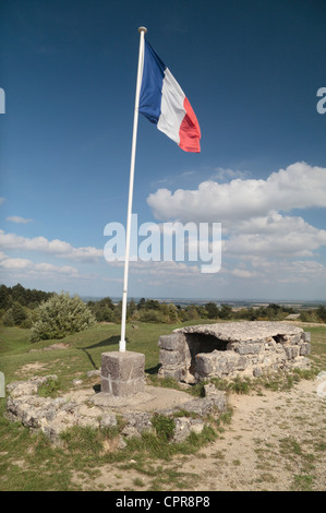 Die französische Trikolore fliegt über die Überreste von Fort Vaux, befindet sich in Vaux-Devant-Damloup, Meuse, Frankreich. Stockfoto