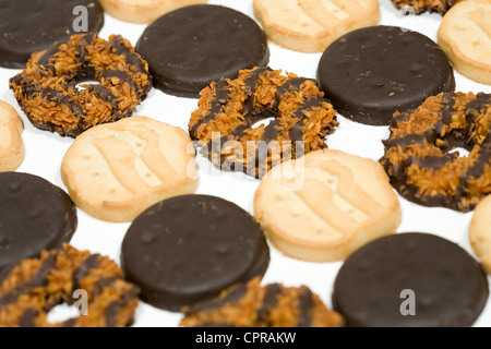 Dünne Münzstätten, Kleeblätter und Samoas Girl Scout Cookies. Stockfoto