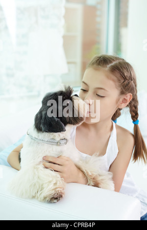 Porträt von glücklichen Mädchen küssen Shih-Tzu Hund zu Hause Stockfoto