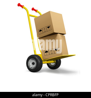 Gelbe Handwagen mit Kartons auf weißem Hintergrund Stockfoto