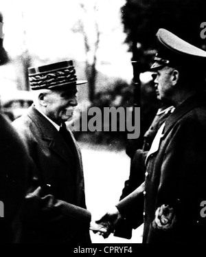 Petain, Henri Philippe, 24.4.1856 - 23.7.1953, französischer General, Politiker, Chef des französischen Staates 1940 - 1944, halbe Länge, mit dem deutschen Außenminister Joachim von Ribbentrop, Montoire, 24.10.1940, Stockfoto